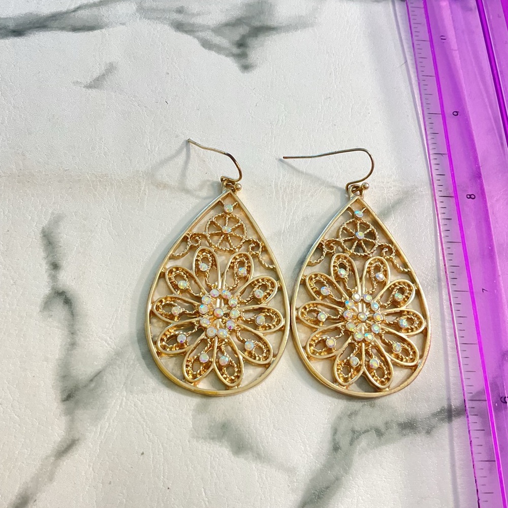 Gold-tone Teardrop Filigree Earrings with Iridescent Accents